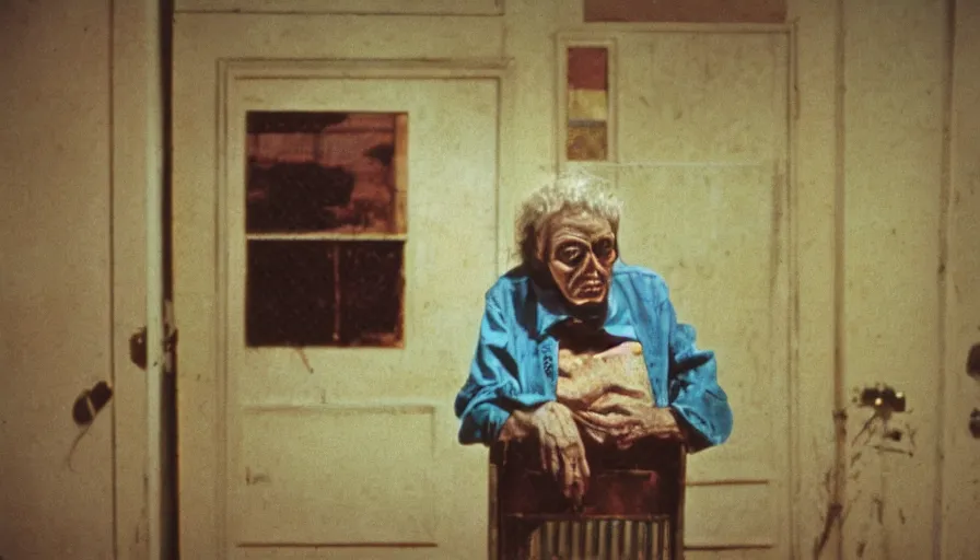 Prompt: 7 0 s film still from a horror movie starring one lonely elderly person, kodachrome, cinecolor, cinestill, film grain, film texture, retro, cinematic, high resolution, photorealism,
