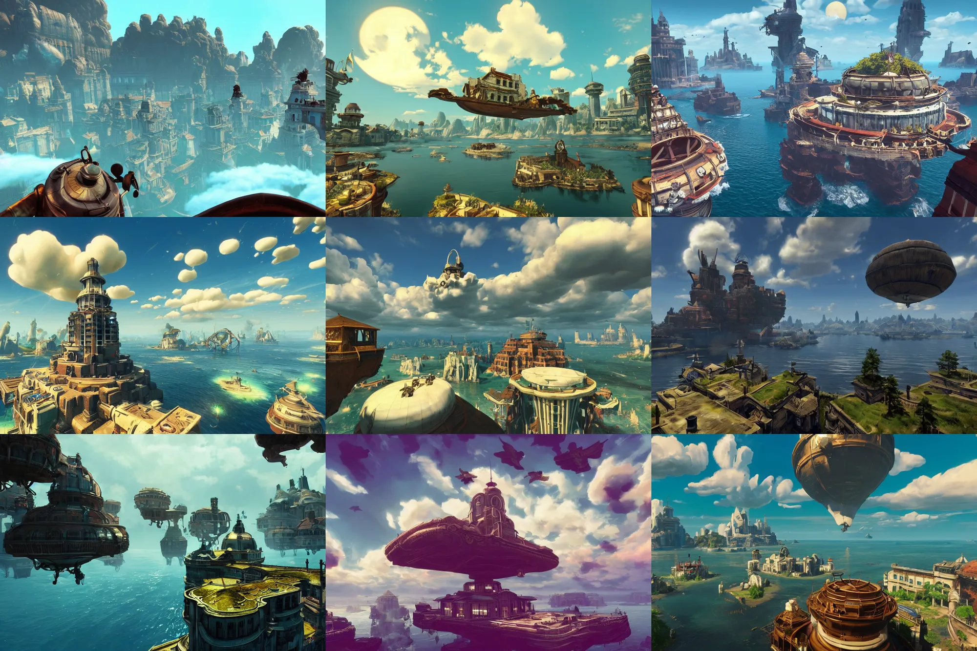 Prompt: beautiful floating islands in the sky in the style of a bioshock infinite screenshot, concept art, artstation, deviantart, behance, highly detailed