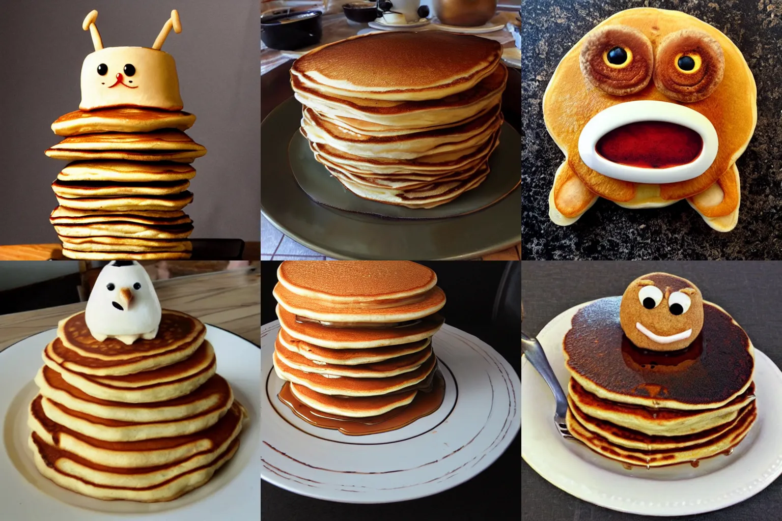 Prompt: taxidermized anthropomorphic pancake stack