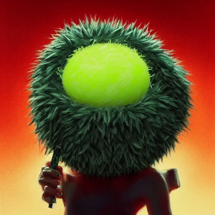 Prompt: cinematic portrait of a cute tennis ball monster stopped in time, chalk, masterpiece, trending on artstation, featured on pixiv, cinematic composition, dramatic pose, beautiful lighting, sharp details, hyper - detailed, hd, hdr, 4 k, 8 k, art by basil gogos