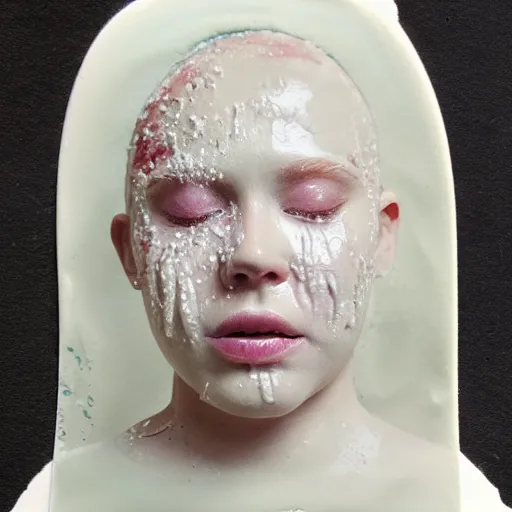 Image similar to a liquid white clay porcelain portrait of a face melt down flow go runny, body painted with a lot of white thick fluid, realistic detailed watercolor polaroid, grainy image, contrast