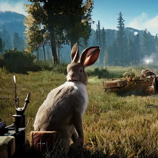 Prompt: a rabbit in the video game Far cry 5