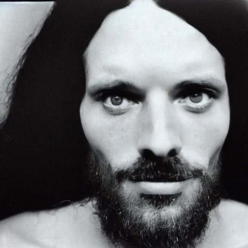 Image similar to Jesus moments after DMT hallucinations began. Close-up studio portrait by Robert Mapplethorpe. Tri-x