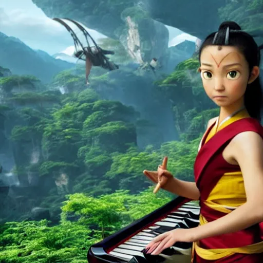 Image similar to Avatar the last airbender playing the piano, UHD, hyperrealistic render, 4k, highly detailed