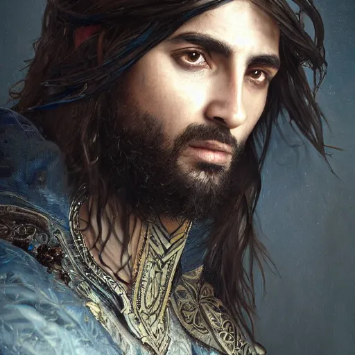 Image similar to portrait painting of a middle - eastern man with shoulder length hair wearing a tattered feather cloak and armor, ultra realistic, concept art, intricate details, eerie, highly detailed, photorealistic, octane render, 8 k, unreal engine. art by artgerm and greg rutkowski and charlie bowater and magali villeneuve and alphonse mucha