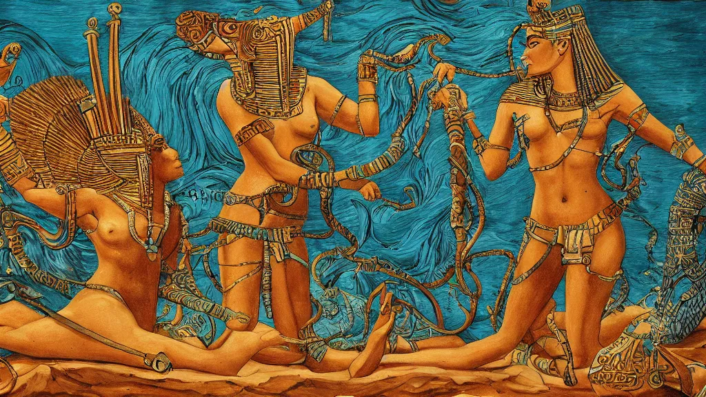 Image similar to epic masterpiece of Ancient Egypt aquatic origin mythos, cinematic, establishing shot, extremely high detail, oil painting, intricate line drawings, 8k resolution