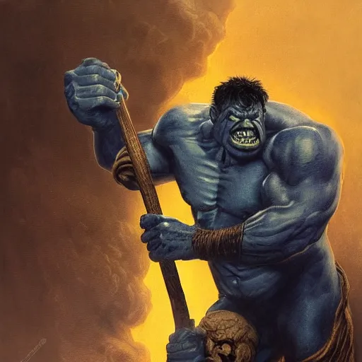 Image similar to artstation concept a midnight blue hulk holding an axe, dusty yellow background, grotesque face, hyperdetailed, artstation trending, world renowned artists, worth 1 0 0 0. com, historic artworks society, antique renewel, cgsociety, by greg rutkowski, by gustave dore, deviantart