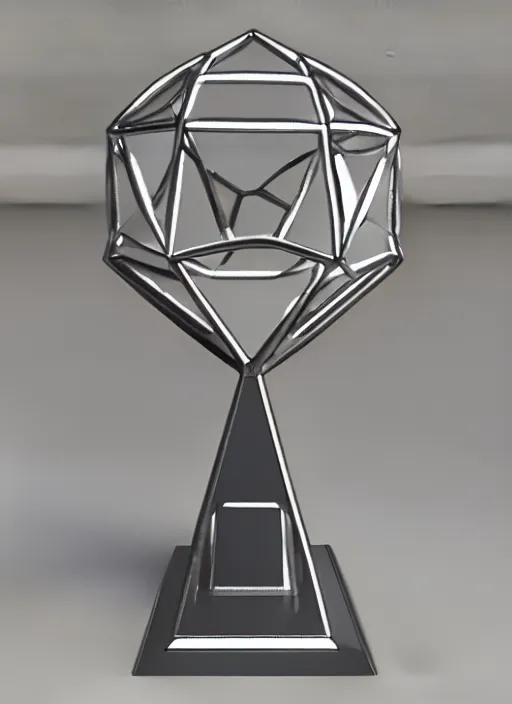 Image similar to ultra realistic, tall, reflective, very symmetrical, polyhedral, 3 d printed steel engineering trophy, 4 k, ultra realistic, highly detailed, epic lighting