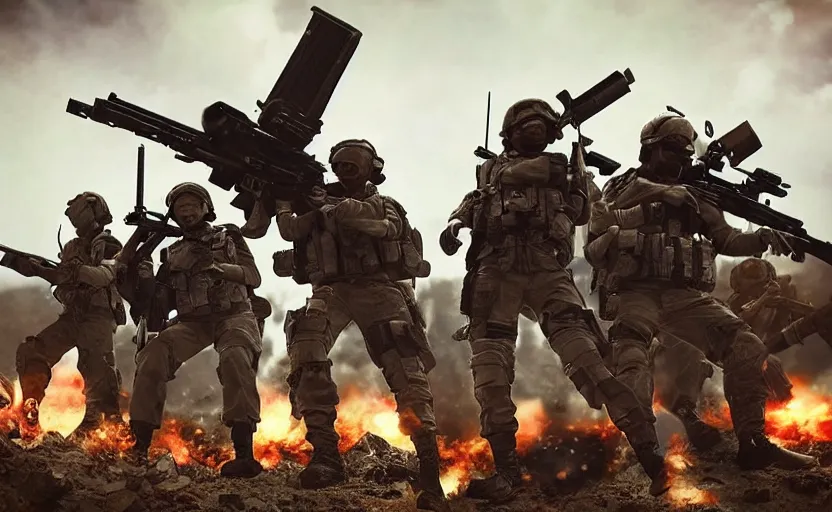 Prompt: photo of squad under heavy fire, highly detailed, explosions in background, high resolution, cosplay photo, stunning, girls frontline style, bokeh soft, shot on 7 0 mm, zenithal lightning, trending on instagram, by award winning photographer, real human faces, symmetrical facial features, modern warfare, shot with a professional camera, low saturation