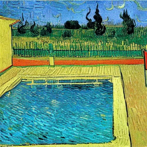 Image similar to painting by van gogh, swimming pool