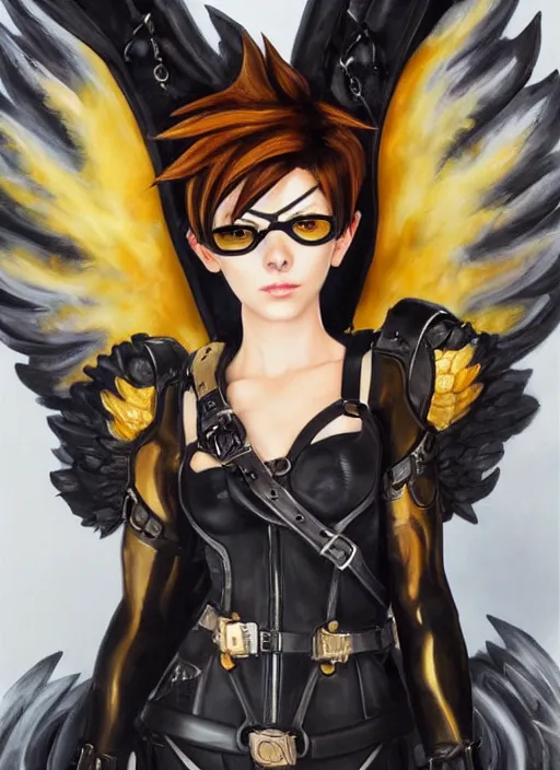 Image similar to full body oil painting of tracer overwatch, angel wings, dramatic painting, symmetrical composition, wearing detailed leather collar, black shiny armor, chains, black harness, detailed face and eyes,