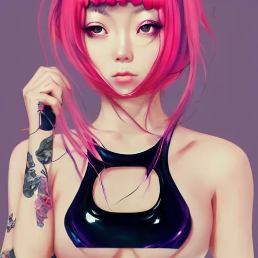 Image similar to a beautiful young japanese billie eilish lucy liu alluring instagram model in elaborate latex bikini tank top, tank top made from latex demon faces, by guweiz and wlop and ilya kuvshinov and artgerm and, aesthetic, gorgeous, stunning, alluring, attractive, artstation, deviantart, pinterest, digital art