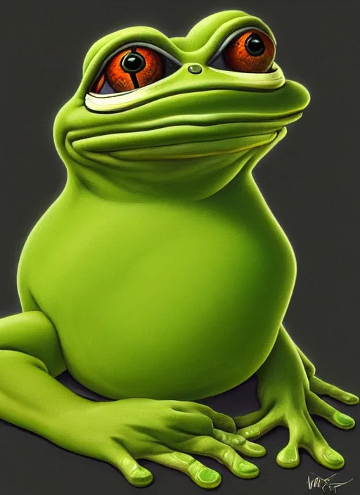 Image similar to depressed pepe the frog as a toad!!!, sad, portrait, intricat, highly detailed, digital painting, artstation, concept art, wallpaper, smooth, sharp focus, illustration, art by matt furie and artgerm and greg rutkowski and alphonse mucha