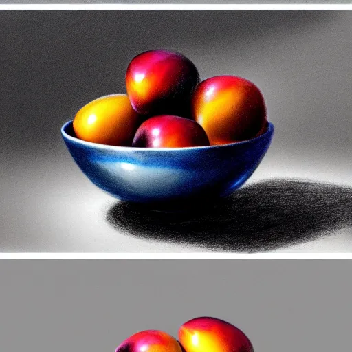 Image similar to concept art drawing of a single thick porcelain bowl filled with a few moist freshly picked plums on a wooden table. volumetric lighting. small scale. artistic. trending on artstation.