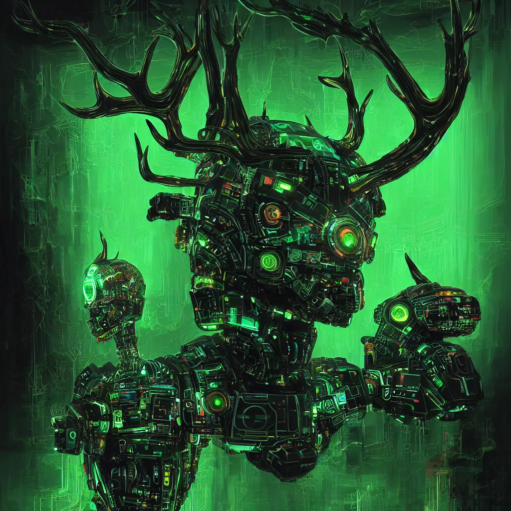 Image similar to poster style, a beautiful and terrifying painting with high details a digital portrait of cyber god of hunting with robotic deer head in style of green neon, cyber noir, movie atmosphere, movie lights, 8 k, light effect, rtx on, trending on artstation, by kilian eng, lee madgwick, bastien lecouffe - deharme