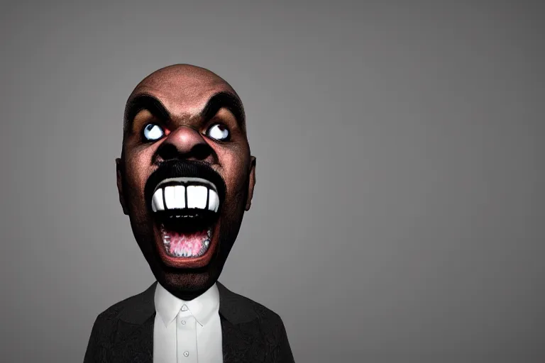 Prompt: creepy hilarious steve harvey screaming portrait stuck in the matrix, glitchy, buggy, playstation 1 graphics, low poly 3 d render, creepypasta, volumetric lighting, dramatic, octane render, scary, horrific, award - winning, detailed, weird, close - up, featured on artstation, strange, off - putting, demonic, odd, atmospheric, ambient, spooky