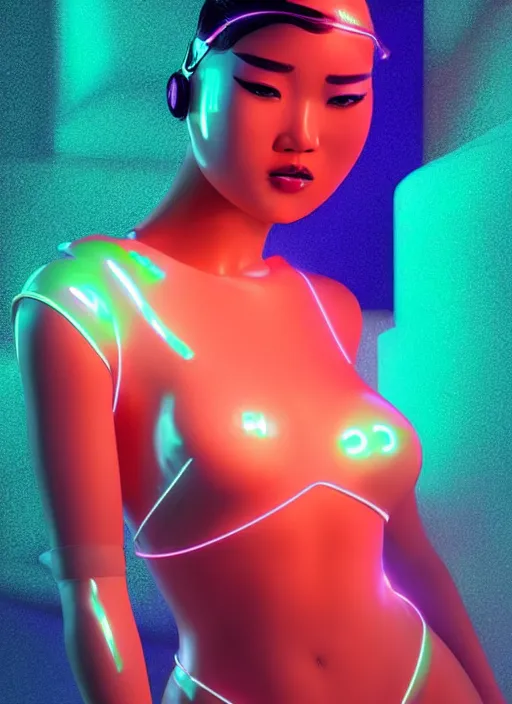 Image similar to a glamorous asian female humanoid with freckled cheeks, cyber neon lighting, futurism, cyberpunk glossy white latex swimsuit, profile posing, hyper photorealistic, crispy quality, digital photography, trending in artstation, trending in pinterest, cinematic, 4 k ultra hd, art by pascal blanche, art by greg rutkowski,