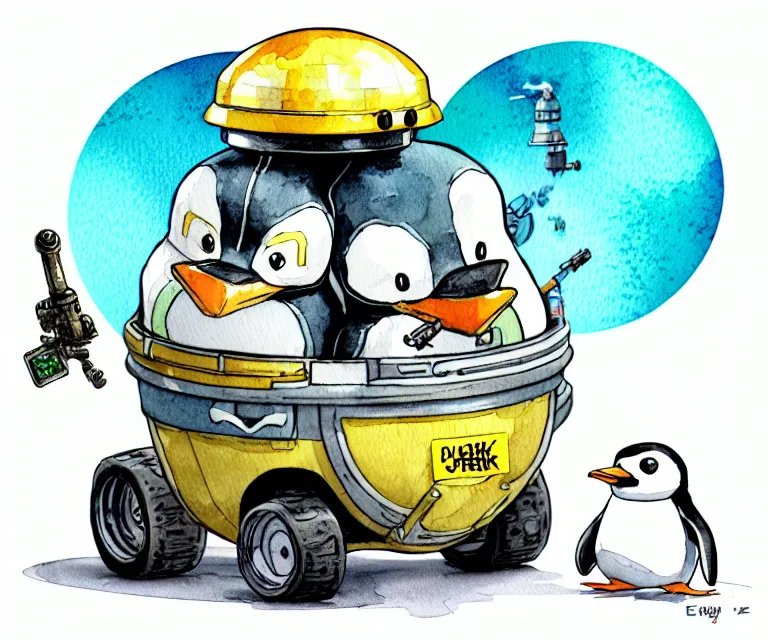 Image similar to cute and funny, penguin wearing a helmet riding in a tiny tank with a large cannon, ratfink style by ed roth, centered award winning watercolor pen illustration, isometric illustration by chihiro iwasaki, edited by range murata, tiny details by artgerm and watercolor girl, symmetrically isometrically centered, sharply focused