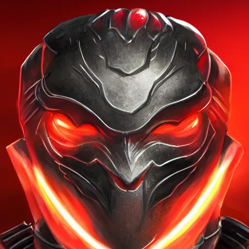 Image similar to a highly detailed character portrait of a man wearing a epic dark armor with glowing red eyes concept art