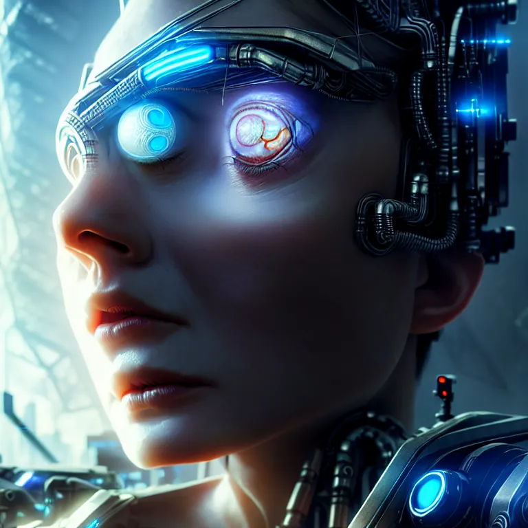 Image similar to ultra realistic beautiful cyborg deity eyes closed, scifi, cyberpunk, fantasy, intricate details, movie still, highly detailed, photorealistic, octane render, eerie, 8k, art by artgerm and michael welan and greg rutkowski