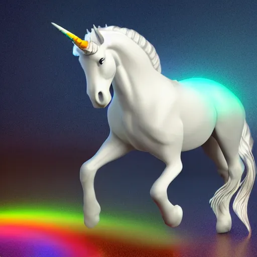 Prompt: whimsical luminescent detailed photo realistic 3d render of a white unicorn with long flowing rainbow colored mane