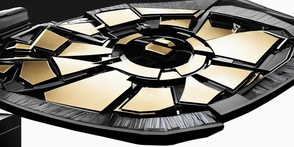 Image similar to a sleek interstellar warship in gleaming obsidian black and scintillating 24K gold designed by HP