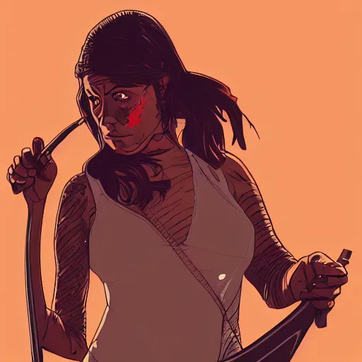 Prompt: A ultra detailed illustration of A woman holding a machete, by Tomer Hanuka, trending on ArtStation,