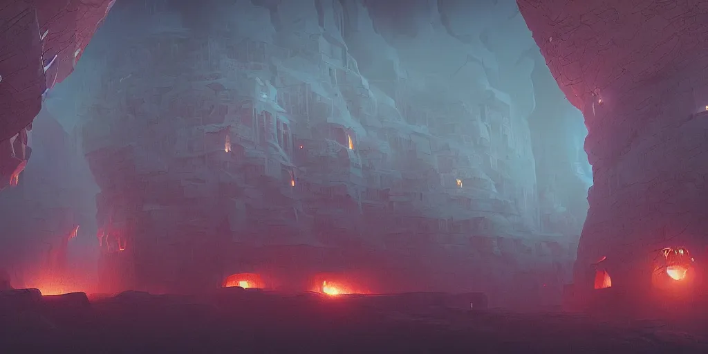 Image similar to Artwork by Beeple of the cinematic view of the Deadly Cave of Spirits, Infernal, Writings.