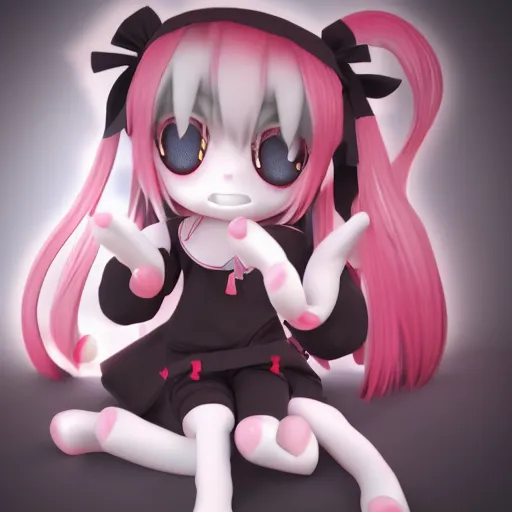 Image similar to cute fumo plush of a girl who is crying tears of blood, black and white and red, vray, caustics, lens flare