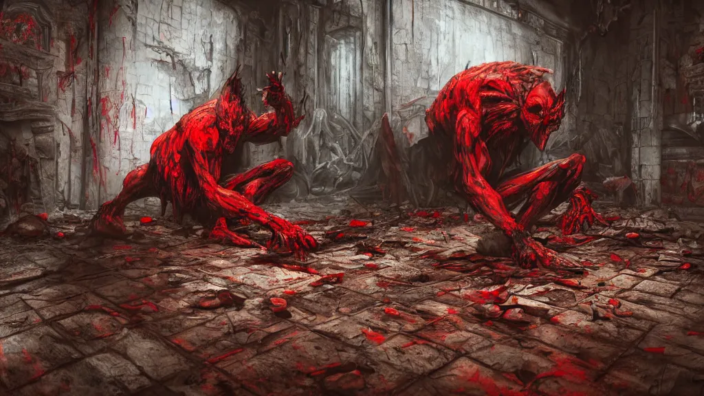 Image similar to the red goblin get killed by a sigil scribbled on the ground, inside a haunted destroyed house and. and inverted cross drawn on the wall, trending on artstation, wide view, cinematic view, cinematic, 8 k, digital photo, unreal engine, colored paint, colorful paint, scary style