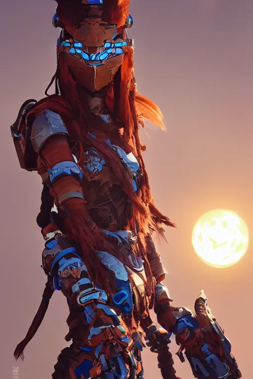 Image similar to combination suit armor aloy horizon forbidden west horizon zero dawn robot ninja mask helmet backpack tribal, aesthetic octane render, 8 k hd resolution, by ilya kuvshinov and cushart krentz and gilleard james radiating a glowing aura cgi rtx 2 0 2 2