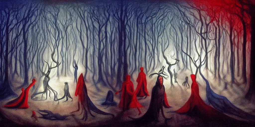 Prompt: the king of dreams the sandman too many mouths and faces in all directions in hoc signo vinces forest in the style of leonora carrington gottfried helnwein intricate composition, blue light by rembrandt insanely quality highly detailed masterpiece red light