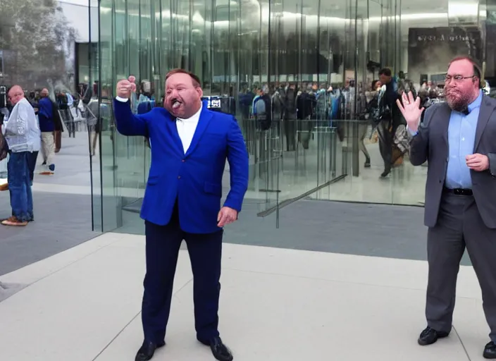 Prompt: dslr photo still of infowars host alex jones in a blue suit fat grey beard and mustache in an!!! apple store trying talking to an employee in a panic!!!, 5 2 mm f 1. 8