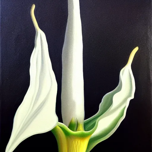 Image similar to oil painting of white brugmansia suaveolens flowers, dark background, with scary eyes looking out from the darkness