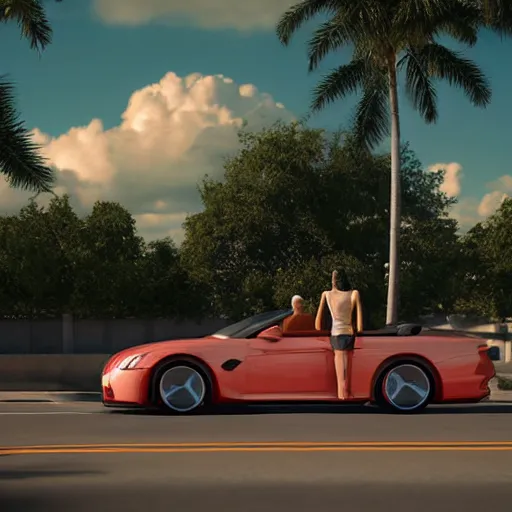 Image similar to jesus christ joyriding in florida in a convertable, dslr, award winning, 8 k, octane beautifully detailed render, warm mood, cinematic lighting, detailed photo, masterpiece, volumetric lighting, ultra realistic, highly detailed, high quality, lossless, photorealistic