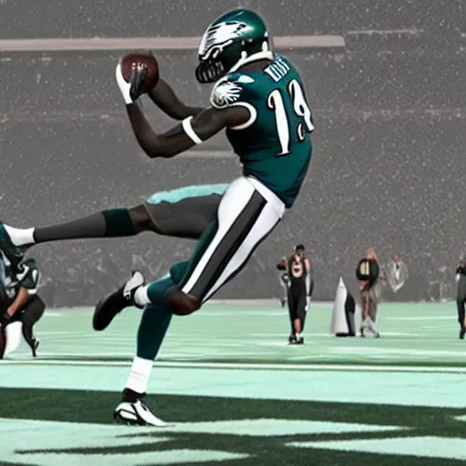 Prompt: nfl eagles wide receiver aj brown catching a football from, 8 k, 4 k uhd, realistic, hyper realistic, super detailed, very detailed, detailed