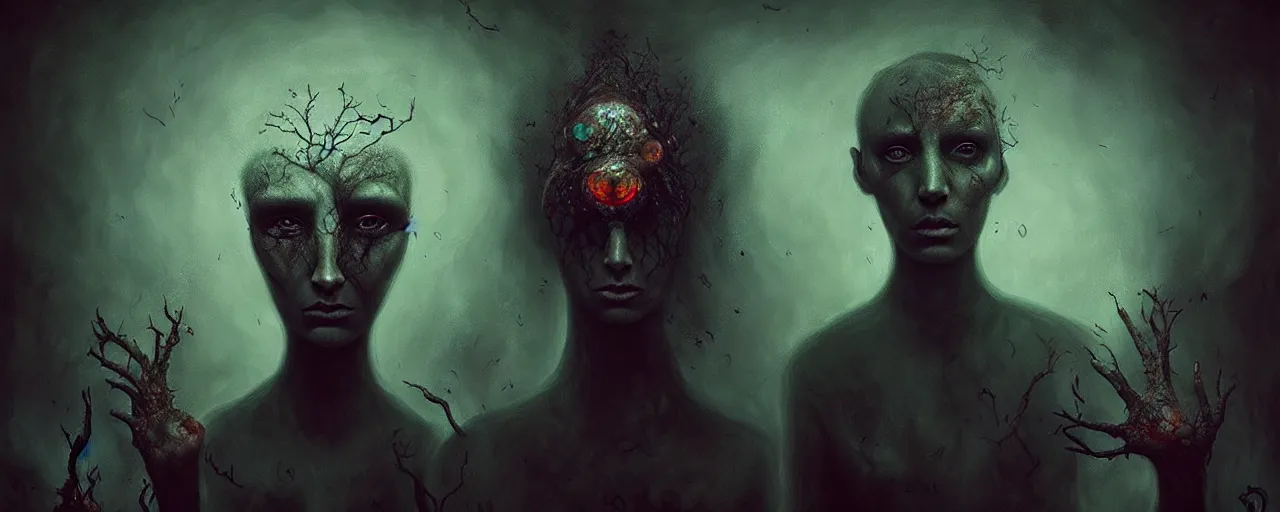 Prompt: alchemized earthy visceral emotion creatures, surreal dark uncanny painting by ronny khalil