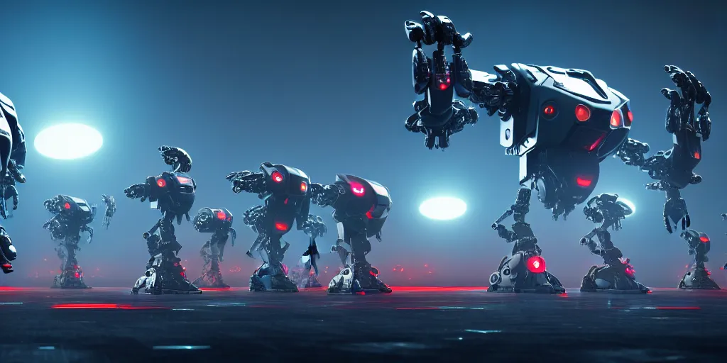 Image similar to an army of evil, malevolent, giant robot mechanical owls surrounded by computers and computer screens. this 4 k hd image is trending on artstation, featured on behance, well - rendered, extra crisp, features intricate detail and the style of unreal engine. volumetric lighting octane render