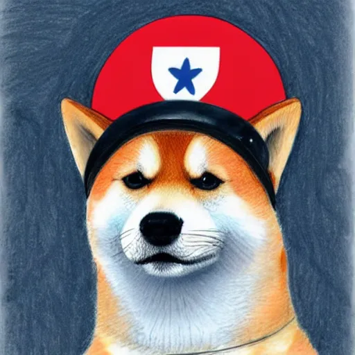 Prompt: A drawing of a Shiba Inu dog wearing a soldier's helmet, realistic, color