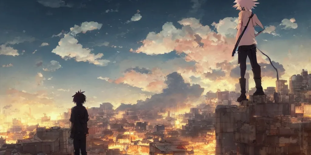 Image similar to anime character in front of an apocalyptic city and the clouds are burning, hyperrealistic, trending on pixiv fanbox, painted by greg rutkowski makoto shinkai takashi takeuchi studio ghibli, akihiko yoshida