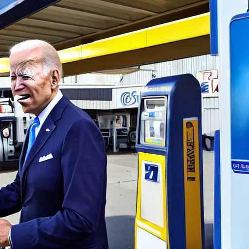 Image similar to joe biden at the gas station pumping gas into his mouth