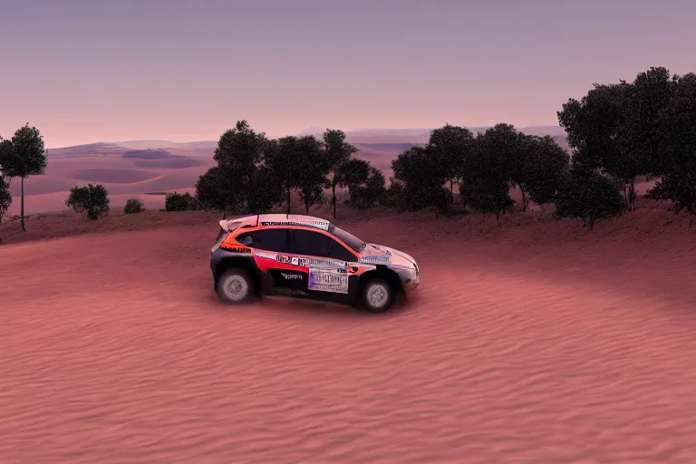 Image similar to far away rally car on the dirt road silhouette, extremely detailed digital art, sunset, gradient photorealistic, 8k