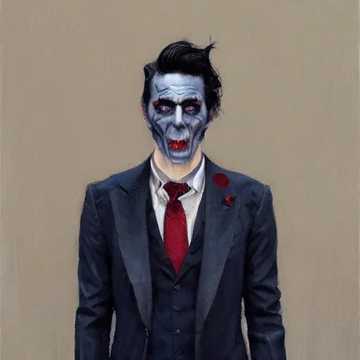 Image similar to A painting of a vampire dressed in a dark blue three piece suit with a red tie, 40 years old, ponytail, black hair, some grey in the hair, detailed, oil paint, by Greg Rutkowski, trending on artstation