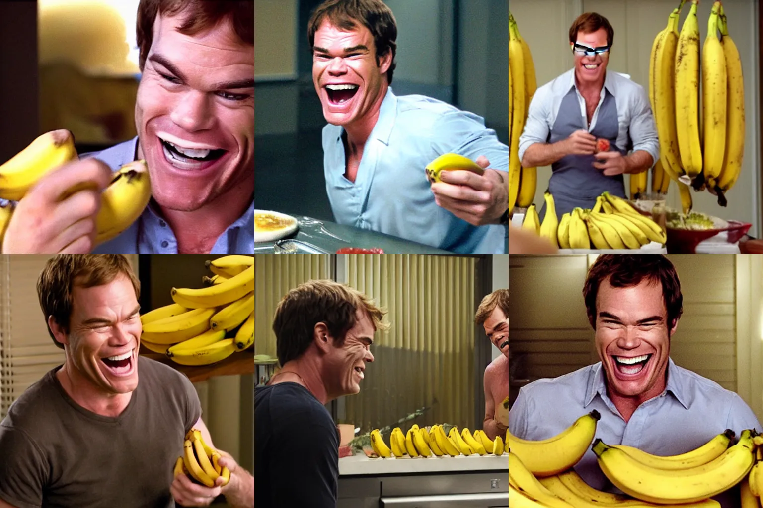 Prompt: dexter morgan laughing hysterically at bananas, photo quality