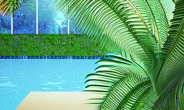 Image similar to 3d render of indoor pool with ferns and palm trees, pool tubes, chromatic abberation, depth of field, 80s photo