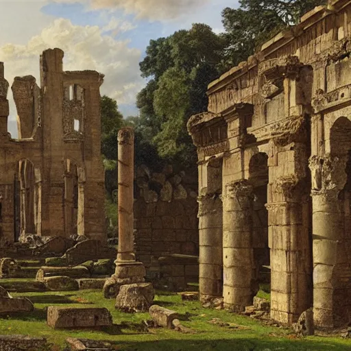 Prompt: roman ruins in the english countryside, dark ages, 8 th century, by james gurney