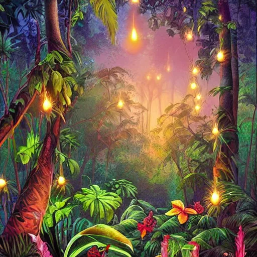 Image similar to an enchanted forest full of tropical flowers and fireflies, by joe jusko, trend in artstation