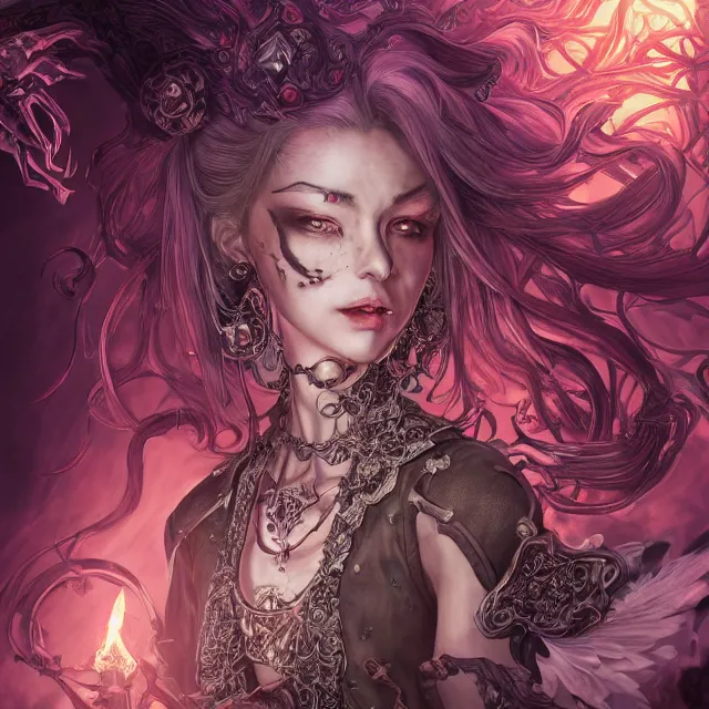 Image similar to the portrait of chaotic evil female necromancer overlord as absurdly beautiful, gorgeous, elegant, sadistic young woman, an ultrafine hyperdetailed illustration by kim jung gi, irakli nadar, intricate linework, bright colors, octopath traveler, final fantasy, unreal engine 5 highly rendered, global illumination, radiant light, detailed and intricate environment