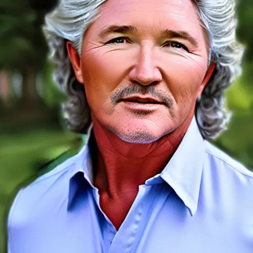 Prompt: long straight grey hair, patrick duffy, wearing a white shirt