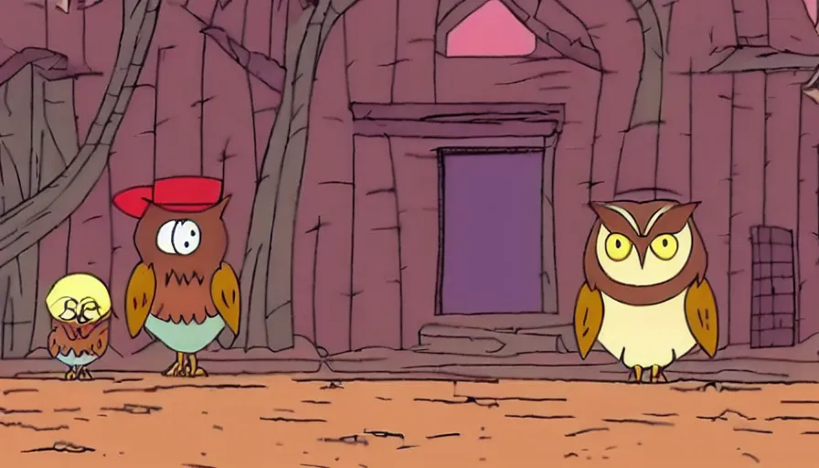 Image similar to 1990s cartoon show screenshot from the animated show an Owl dressed up as the lone ranger in the wild west